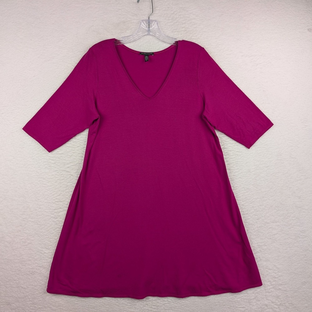 Eileen Fisher Viscose Spandex V-Neck T-Shirt Dress Womens L Red Elbow Sleeve